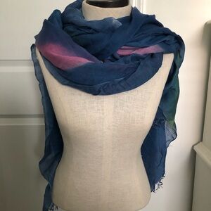Blue Ombre Lightweight Cotton Gauze Scarf with Fringe